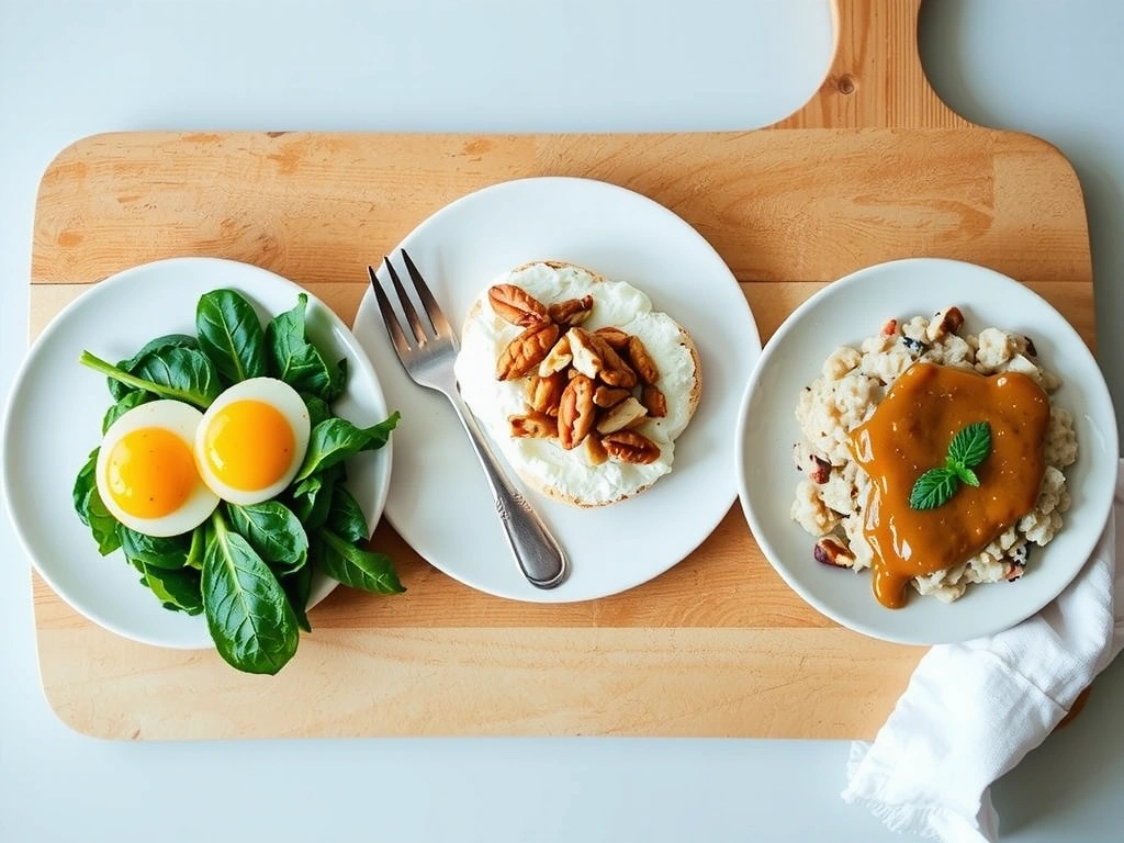 Trzy talerze śniadaniowe z różnym makro: jajka, twaróg, owsianka.